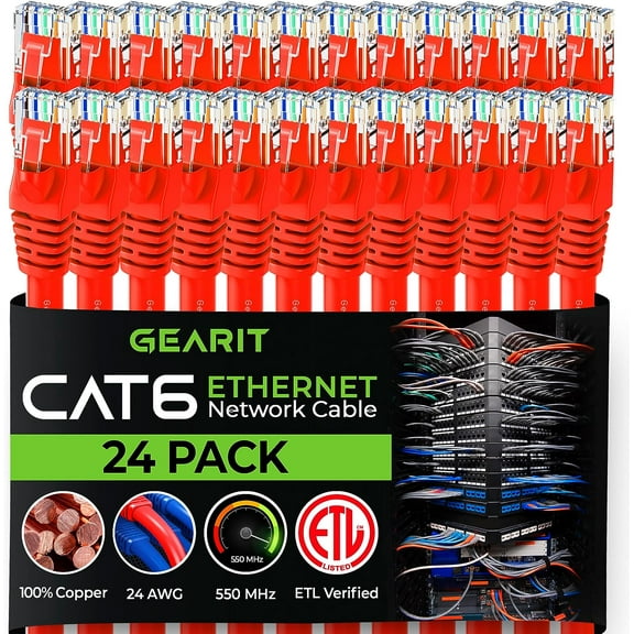 GearIT Pre-Terminated Cat 6 Ethernet Cables for Home & Office Network, Red 3-ft 24 Pack