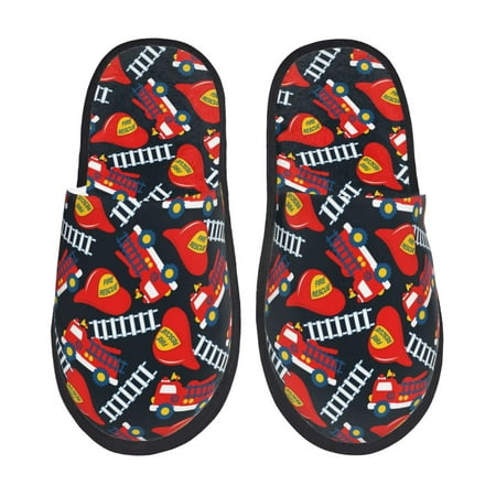 Balery Fire Rescue With Red Helmet And Truck Slient Indoor Furry Fleece Comfort House Shoes Soft Non-Slip Home Shoes Cotton slippers House Slippers-- Medium
