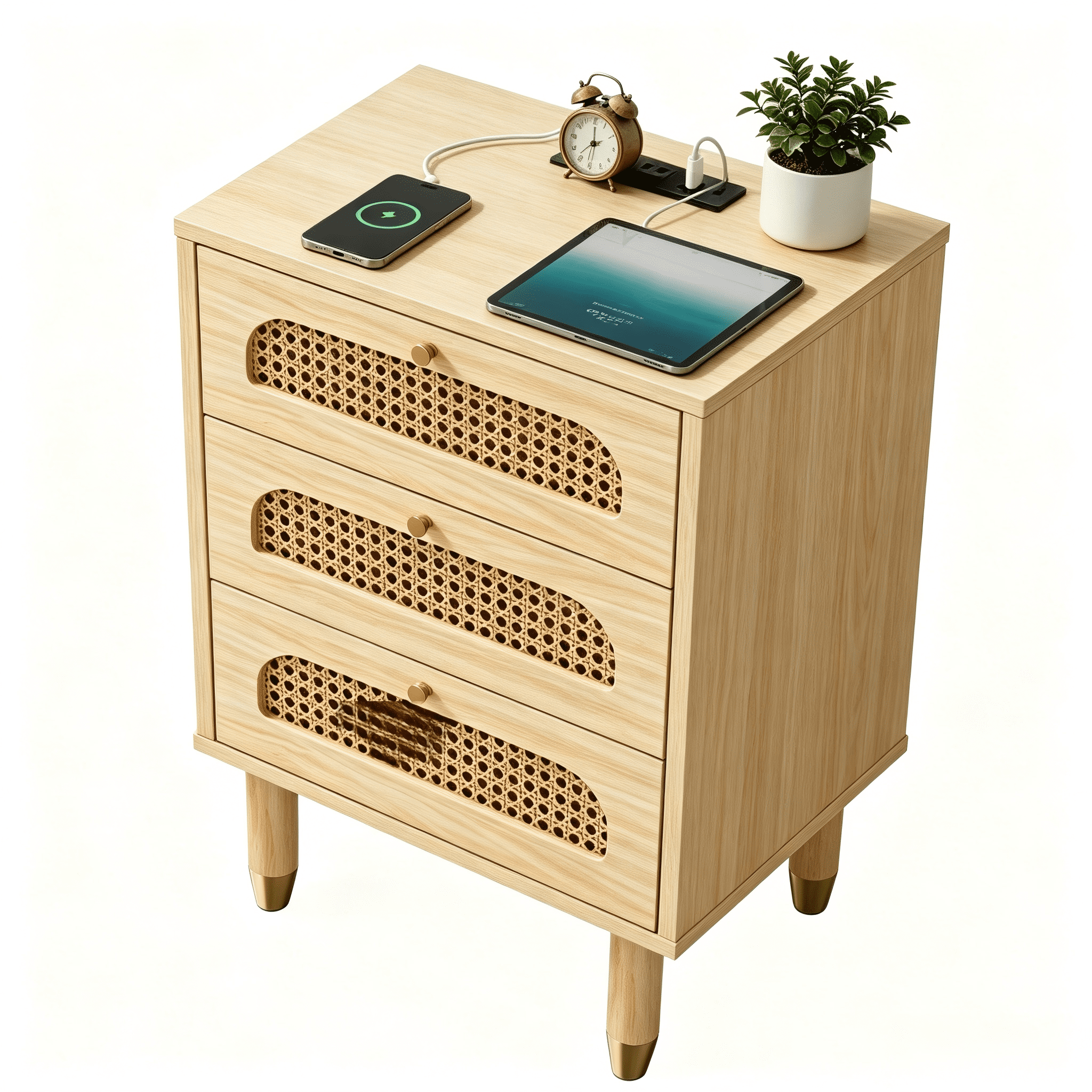 3-Drawer Rattan Nightstand, Bedside Table with Outlet & Dual USB Ports, Solid Wood Legs, Compact Storage Cabinet for Bedroom Living Room Office