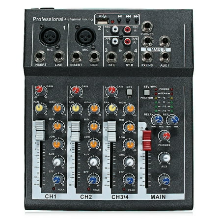 Live Sound Console - Portable Pro 4 Channel Live Studio Audio Sound Mixer USB Mixing Console 48V