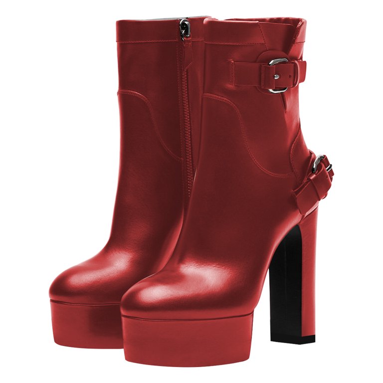FSJ Women Stylish Platform Block High Heels Ankle Boots Round Closed Toe  Booties Buckled Strap Side Zipper Shoes Size 13 Red