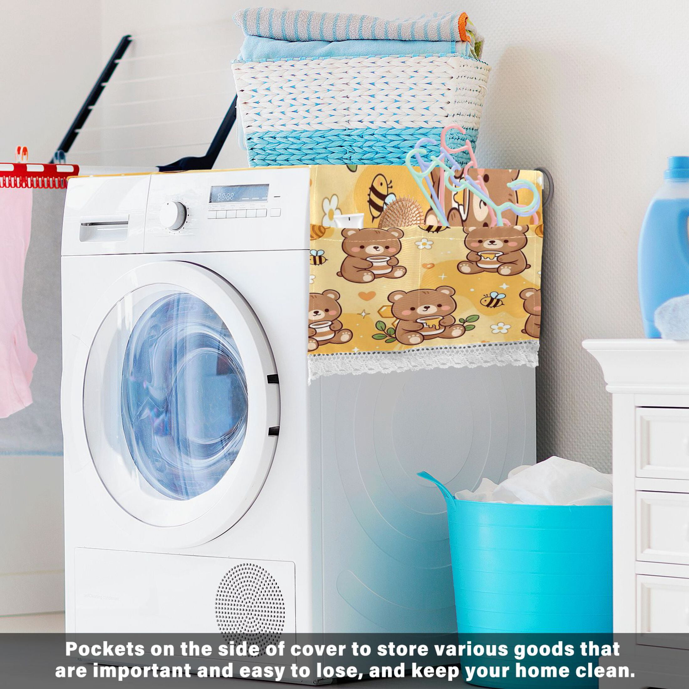Wobogo Honey Bear Washing Machine Cover Dustproof Washer Dryer Cover Waterproof Laundry Room Decorative Protector