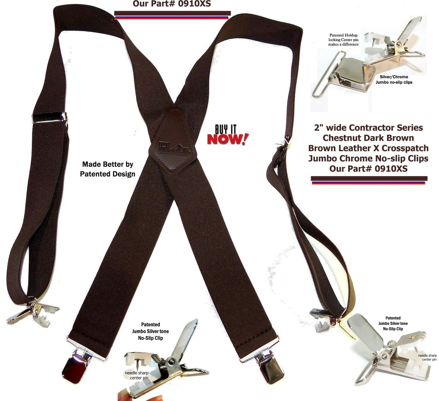 Holdup Suspenders in Wide heavy duty Graphite Black color in X-back Style  with Patented No-slip Jumbo Silver Clips
