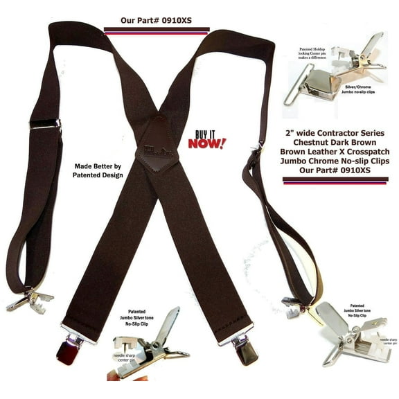 Holdup Heavy Duty Chestnut Brown Work Suspenders with USA patented Jumbo Silver No-slip Clips