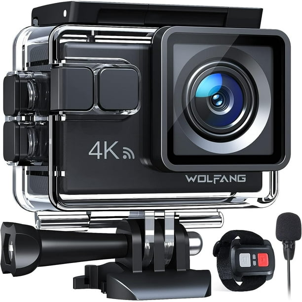 WOLFANG Cámara Deportiva, GA100 4K 30FPS videocámara WiFi de 20MP, Cámara subacuática 40M con micrófono Dual, Mando a Distancia, EIS antivibración, batería 2x1050mAh, Varios Accesorios