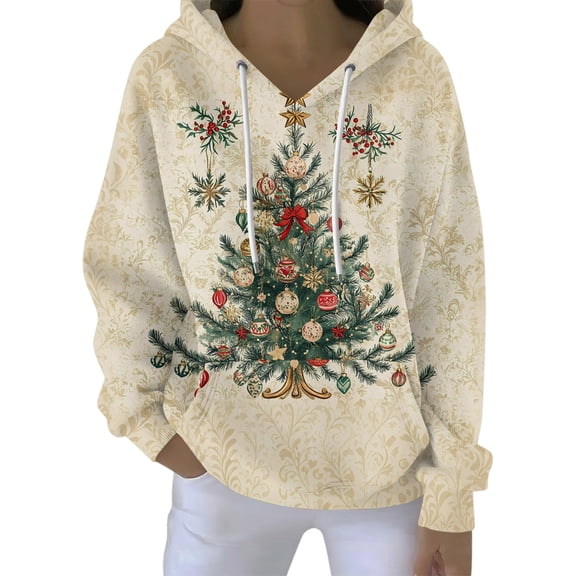 Women's Fashion Casual Hooded Loose Printed Long Sleeve Sweatshirt with Christmas Tree Print, Great for Holiday Outfits and Casual Look, Festive and Soft,Beige,L