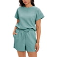 thumbnail image 4 of ATHLECHIC Women's Summer 2 Piece Short Sleeve Tops Shorts Pants Lounge Sets M Green, 4 of 5