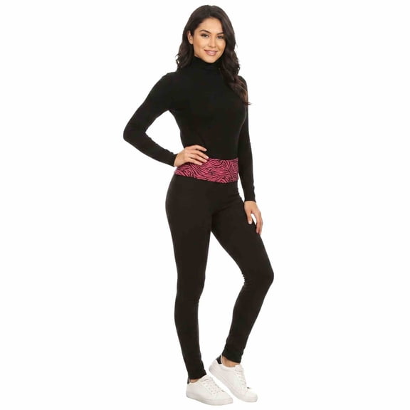 COUVER Women's High Waisted Fleece Lined Zebra Print Fold Over Leggings Hot Pink One Size