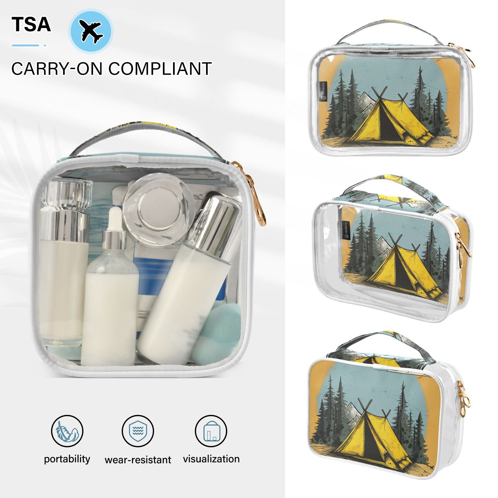 Clear Makeup Bags with Handle Large Opening 2 Pack Set Toiletry Bag Quart Size Bag, for Women Man Traveling Travel Essentials, Toiletries and Other. Camp Wild