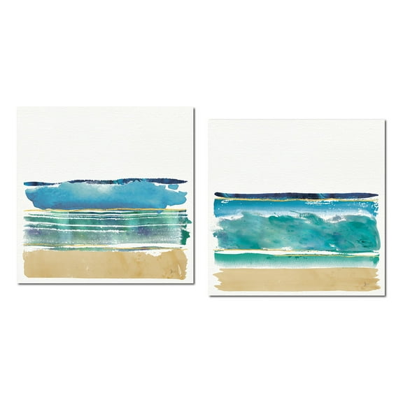 Beautiful Teal and Gold Abstract Coastal Beach Set by Jess Aiken; Two 12x12" Paper Posters