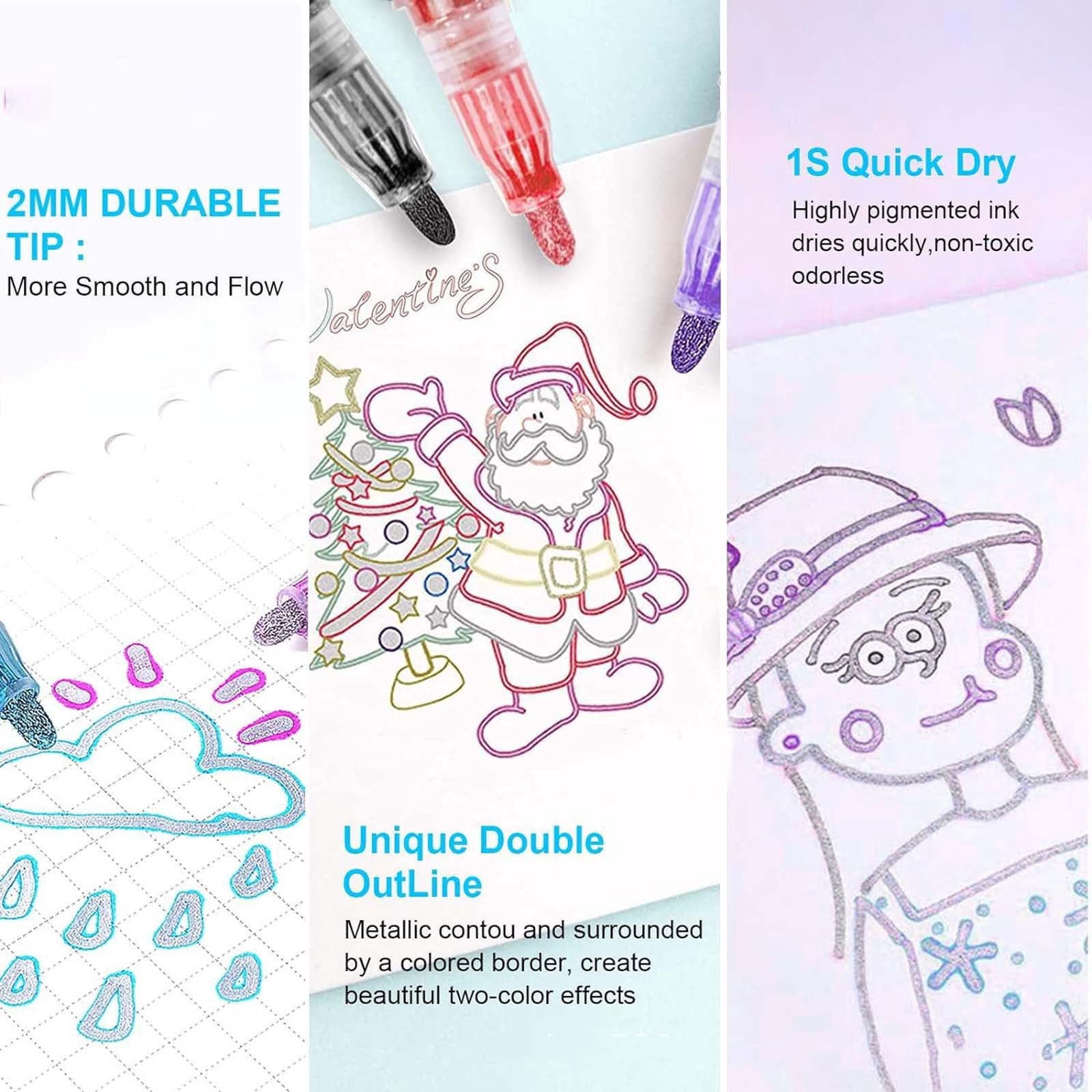 KITTEHIGM Double Line Outline Markers Glitter Pen Set for Highlighting Painting Guest Book Drawing Creative Art Supplies 15ml Smooth Colorful Writing