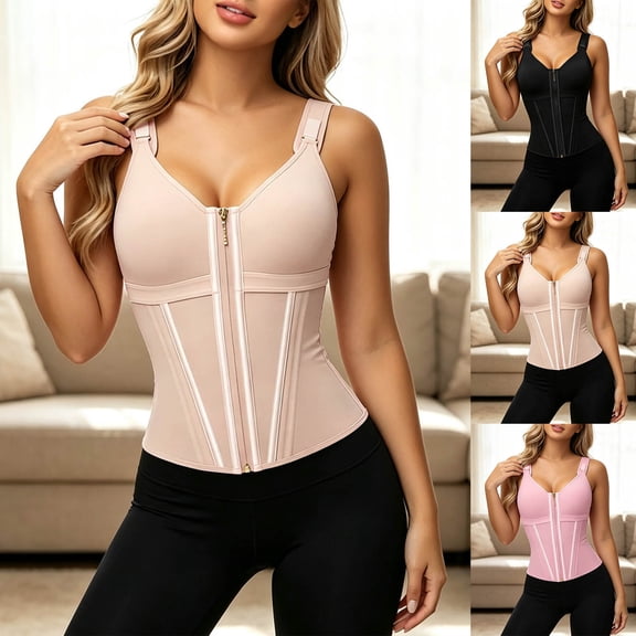 Women Solid V-Neck Shapewear Tank Top, Breathable Zip Front Waist Trainer with Built-in Bra Beige XXS(XXS)