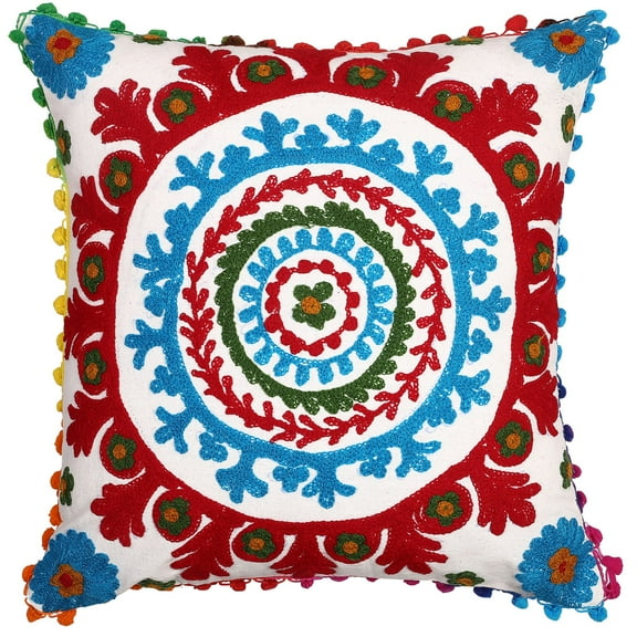 Stylo Culture Ethnic Settee Sofa Throw Pillow Cover 17x17 Embroidered Suzani White Stylish 43 x 43 cm Pom Pom Lace Cotton Floral Square Cushion Cover | 1 Pc