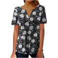 thumbnail image 2 of Wycnly Womens Blouses and Tops Dressy Smocked Swing Single Breasted Pullover Tunic Tshirts 2024 Summer V-Neck Short Sleeve Floral Print Casual Blouses Black s, 2 of 5