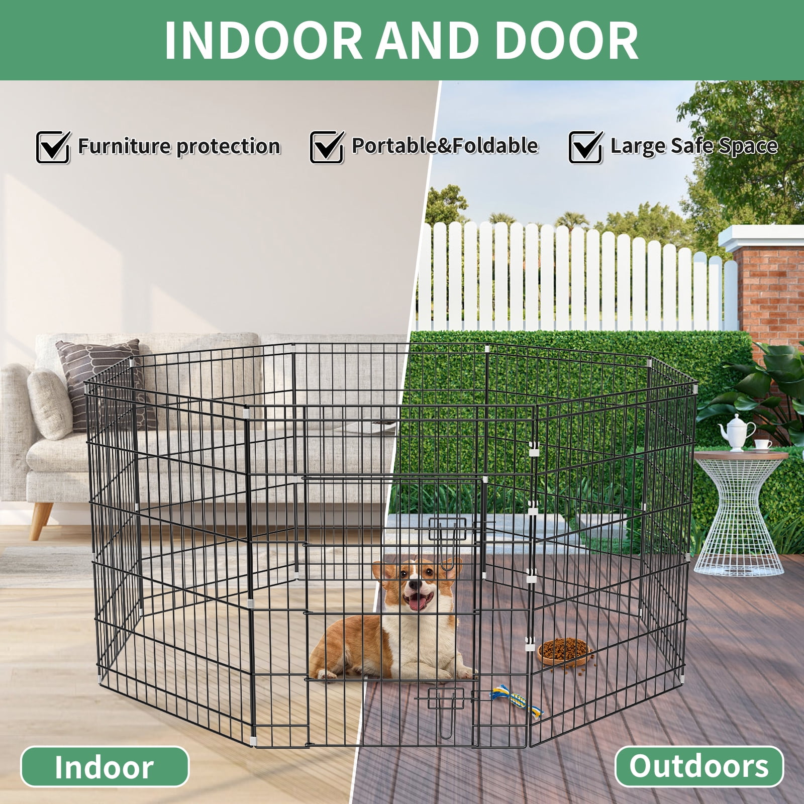 ZephyPaws 8 Panels Metal Foldable Dog Playpen for Medium Dog,Pop-up Dog Pen for Indoor,Pet Fence with Door,24"x30"