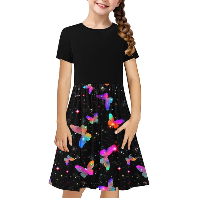 QIPOPIQ Robe Extensible à Manches Courtes pour Filles, Ligne A, Patineuse Tournoyante, Robe de Fête d'École, Liquidation