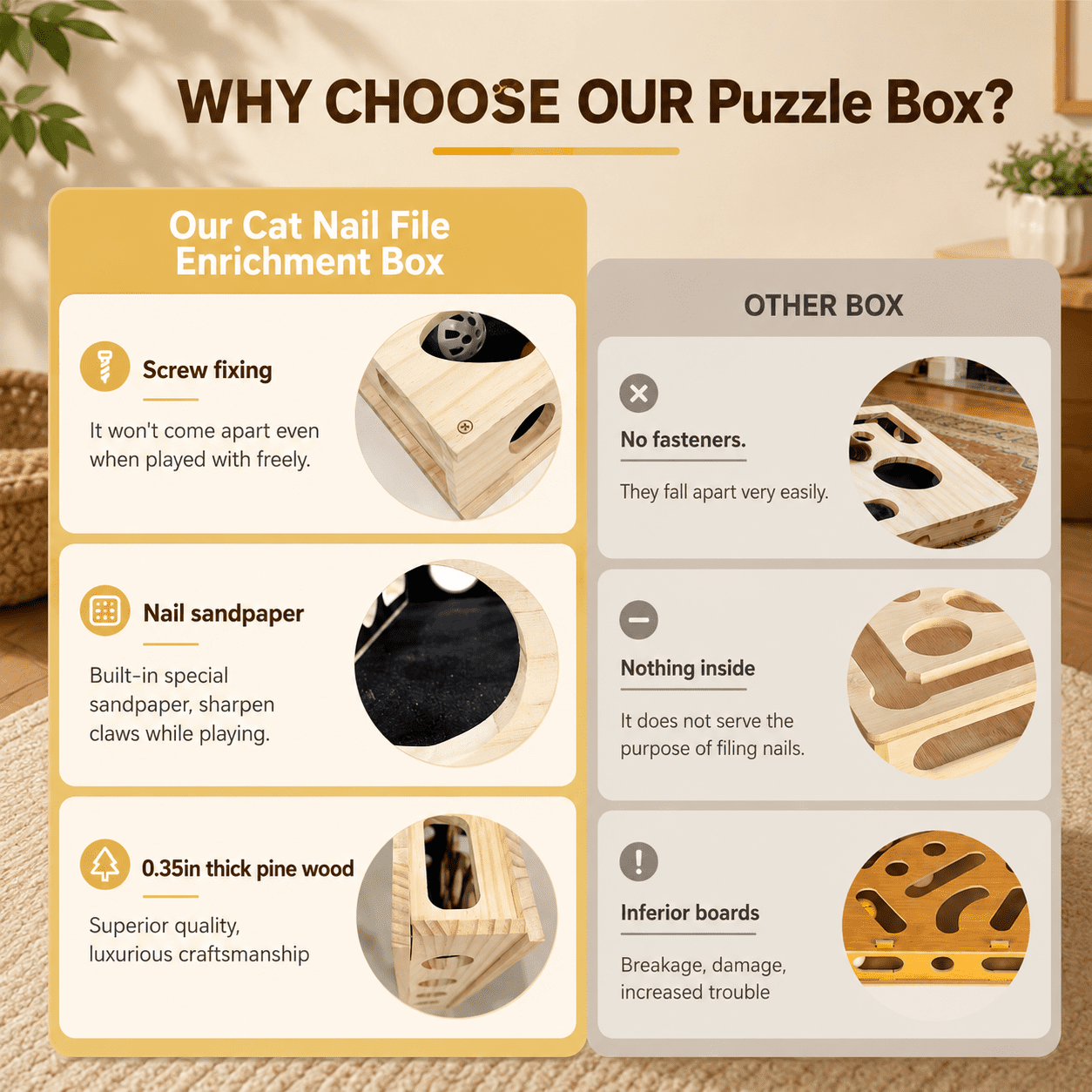 Cat Scratch Puzzle Enrichment Box, Interactive Cats Treat Toy Stress Free, Scratchers That Trim Nails, Cat Nail File Enrichment Box Sandpaper