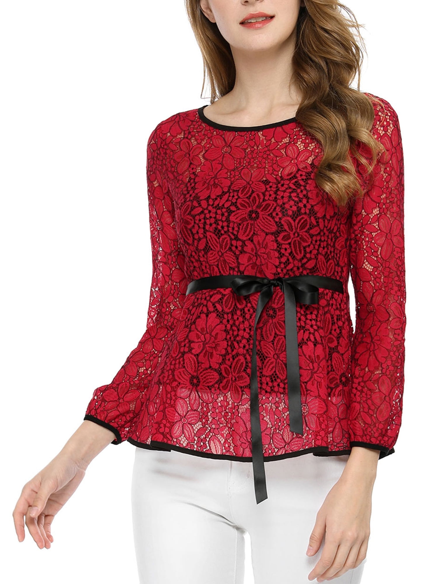 DARING DIVA Self-Tie Waist Semi Sheer Peplum Top M Red