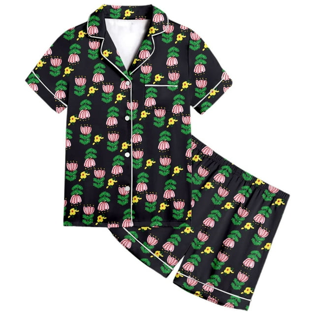 MIASHUI Ensemble de Pyjama 2 Pcs pour Filles à Imprimé Floral, Manches Courtes et Shorts, Noir, 4-5 Ans
