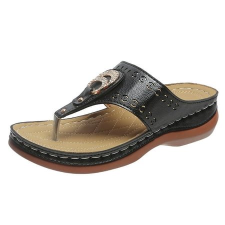 

snilers Thong Wedge Sandals for Women Rhinestone Metal Buckle Embellished T-Strap Sandals Slip on Summer Beach Casual Slide Sandals
