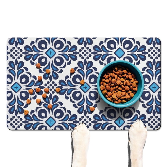 Floral and Skull Dog Food Mat - Edgy Botanical Design, Non-Slip Absorbent Pet Feeding Placemat