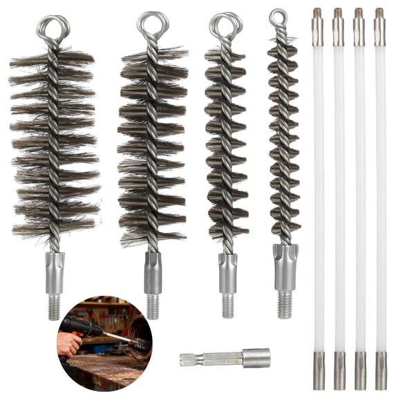 50-Inch Pipe Cleaning Brush Set with 4 Flexible Rods, M8 Threaded Chimney Brush with Stainless Steel Bristles, Strong Cleaning for Auto Parts, Bottles, Tubes