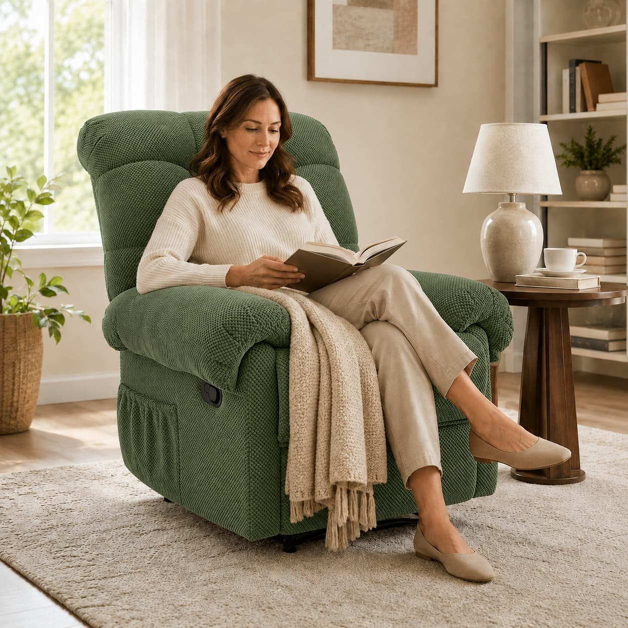 Aukfa Overstuffed Manual Recliner Chair, Upholstered Glider Lounge Armchair with Footrest for Bedroom Reading,Green