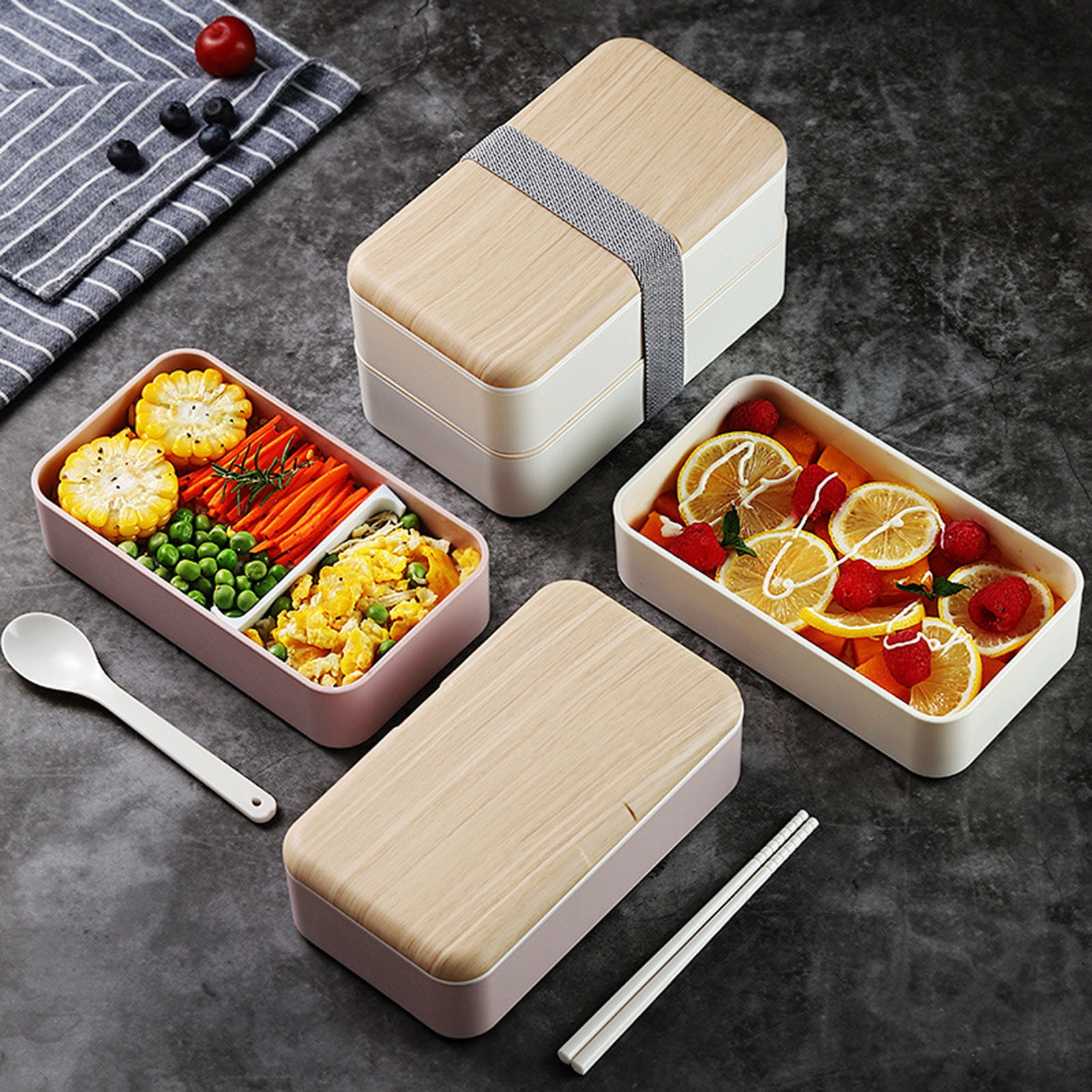 Wood Grain Double-layer Bento Box With Tableware, Insulated Food