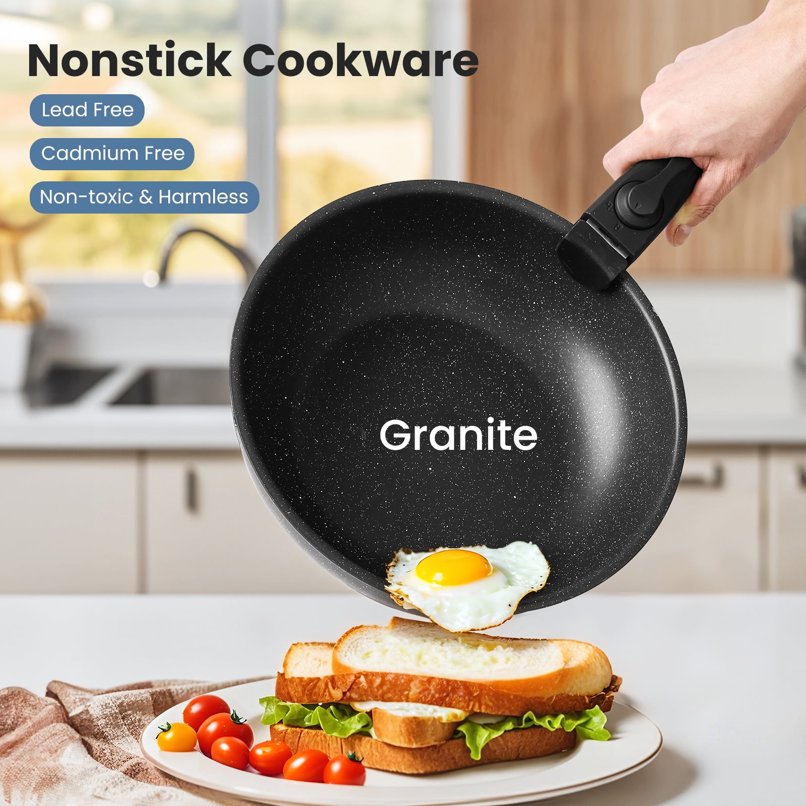 LIFERECORD 12-Piece Nonstick Pots and Pans Set, Granite Coating Cookware Set with Detachable Handle, Induction Compatible, Oven & Dishwasher Safe, Includes Frying Pans, Saucepan & Utensils Black