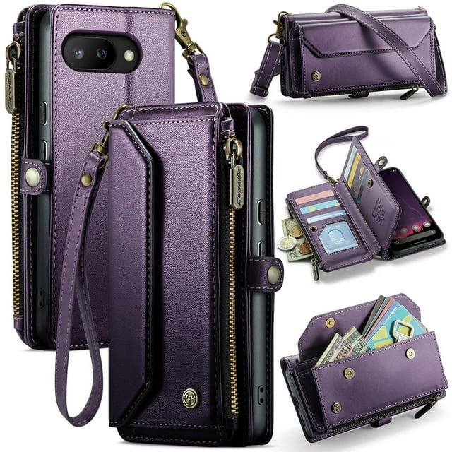 Funda tipo cartera para Google Pixel 9A con bloqueo RFID, tarjetero, cremallera y ranura para billetes, correa de hombro magnética de piel sintética suave para mujer