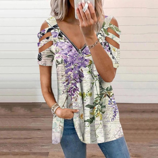 Pntutb Blusa de manga corta con cuello en V y cremallera con hombros descubiertos para mujer Pntutb Pntutb-7472
