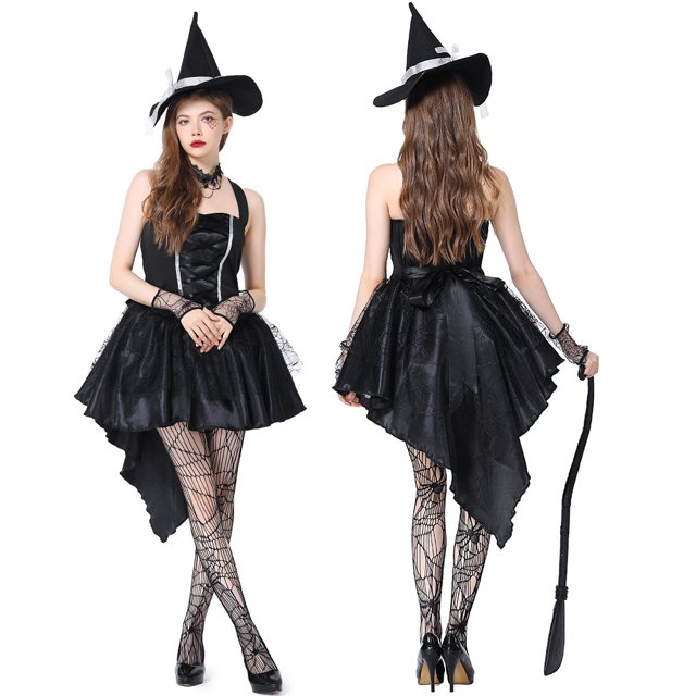 Disfraces de bruja gótica para cosplay, ropa de fiesta de disfraces de Halloween, disfraces de mujer adulta, esmoquin sexy, vestido de tul con tirantes, sombrero y mangas