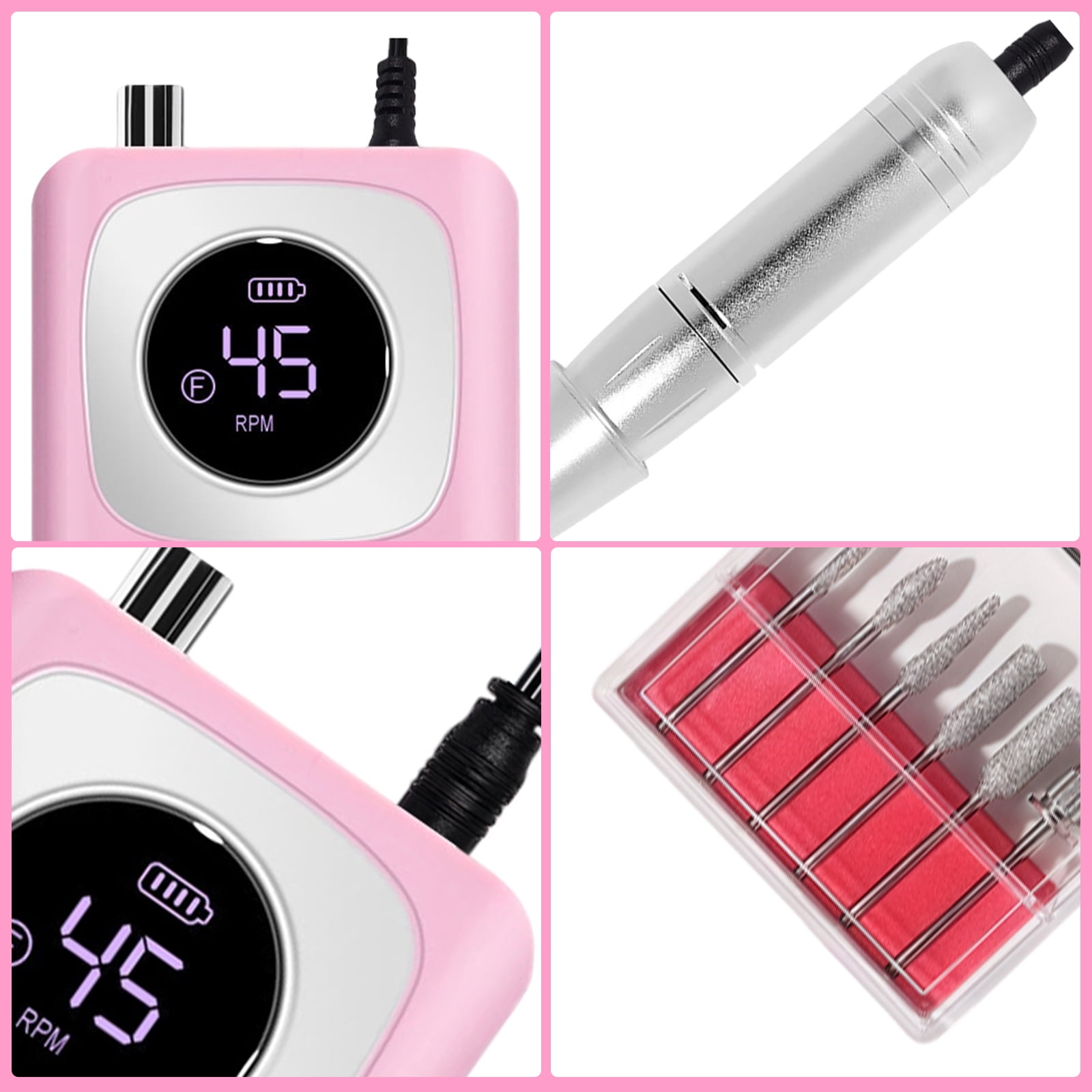Btidfty Electric Nail Drill 45000RPM Rechargeable Cordless E-file with Bits Kit Portable Nail File for Acrylic Gel Polishing Removing (Pink)