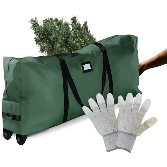 Enroslu Christmas Tree Bag with Rollers, Christmas Rolling Tree Storage Bag, Fits Up to 9 Ft Tall Disassembled Trees, Extra Large Heavy Duty Storage Container with Wheels & Handles, 600D Oxford-Green