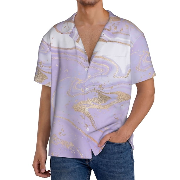 Fotbe Lavender Glitter Foil Stripes Camisa Estampada de Manga Corta para Hombre, Casual de Verano, Estilo Playero, Sin Arrugas-Large
