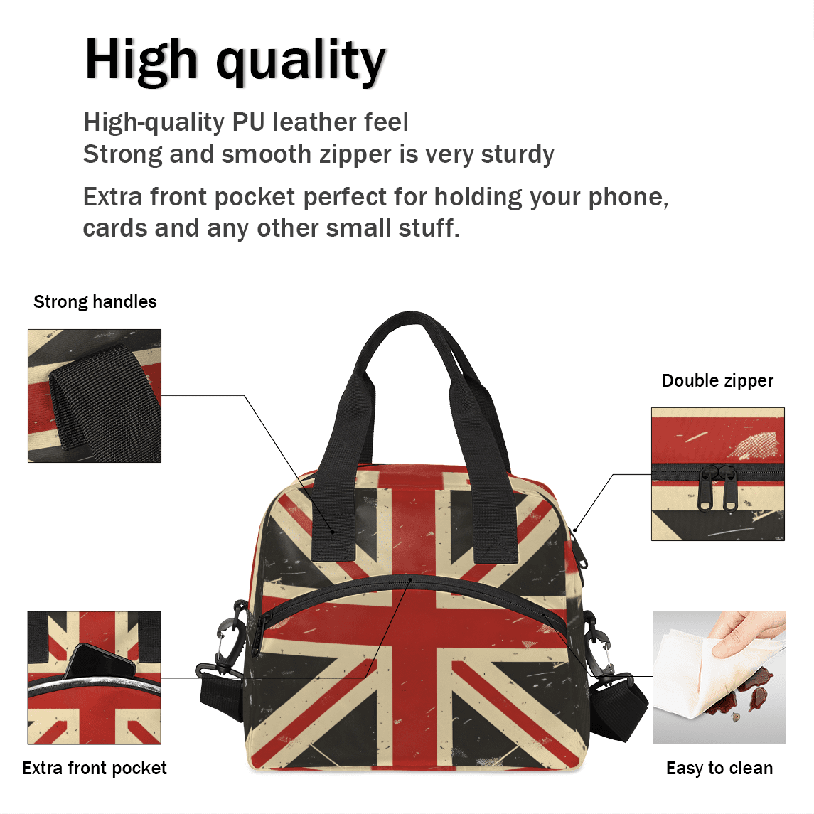 Herdesigns Union Jack Insulated Lunch Bag for Women Men Adults Large Reusable Lunch Box Retro United Kingdom Flag Leakproof Cooler Tote Bags with Adjustable Shoulder Strap