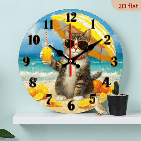 2D Flat 1pc Wooden Silent Non-Ticking Wooden Wall Clock - Beach-Themed Cat with Fashion Glasses Parasol Design, Vibrant Coastal Artwork, Battery Operated (AA Not Included) - 25cm for Kitchen, Livi