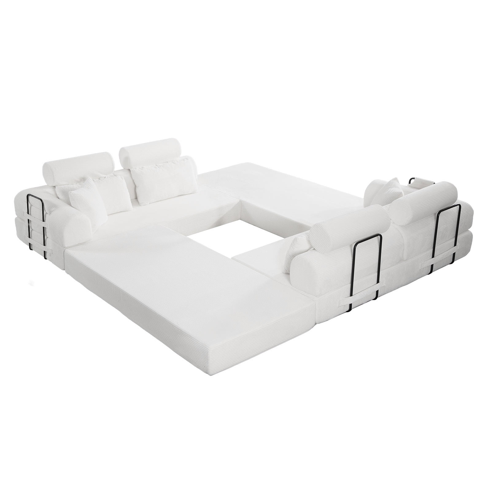 L-Shaped Sectional Sofa Converts to Bed, Corduroy Chaise Lounge with 28D High-Density Foam, No Assembly Compressed Couch for Apartments and Studios, Beige