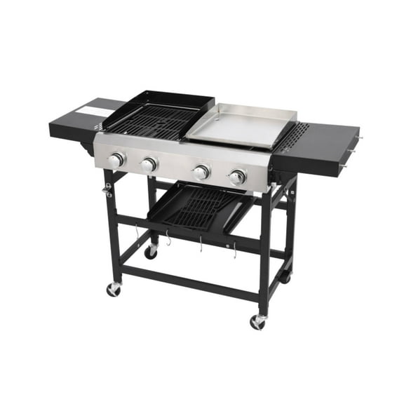 BOFANG 2-Burner Propane Grill with Teppanyaki, 38200 BTU, Cast Iron Grids, Enameled Body