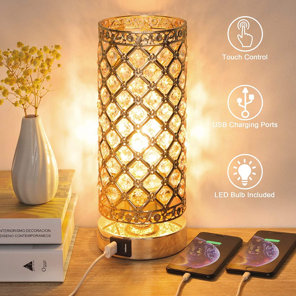 Touch Control Crystal Table Lamp with 2 USB Charging Ports, 3Way