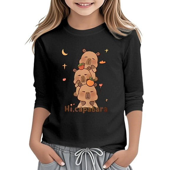 Fshinging Toddler Girls T Shirts Graphic Tops Long Sleeve Capybara Print Round Neck Everyday Wear School Outdoor Activities Comfortable Soft Fabric 3 12 Years Athletic Tops Tees