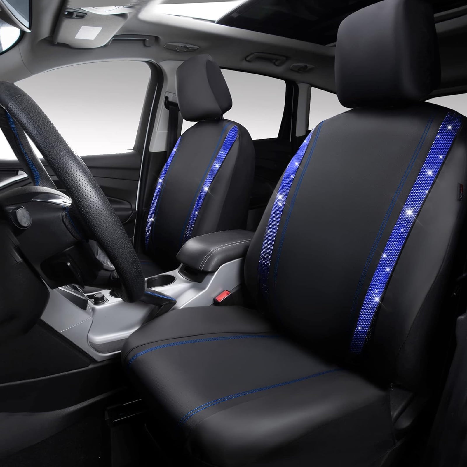 Car-Grand Bling diamond Rhinestone Leather car seat covers front pair shinning spark glitter crystal cute universal fit automotive glitter SUV truck sedan women girly Blue