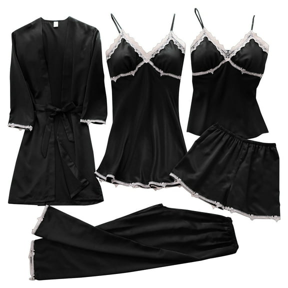 LIZUOJUN 5 Piece Satin Pajama Set For Women Lace Trim Robe Nightgown Camisole Shorts Pants Built In Bra Soft Breathable Lightweight Loungewear - L