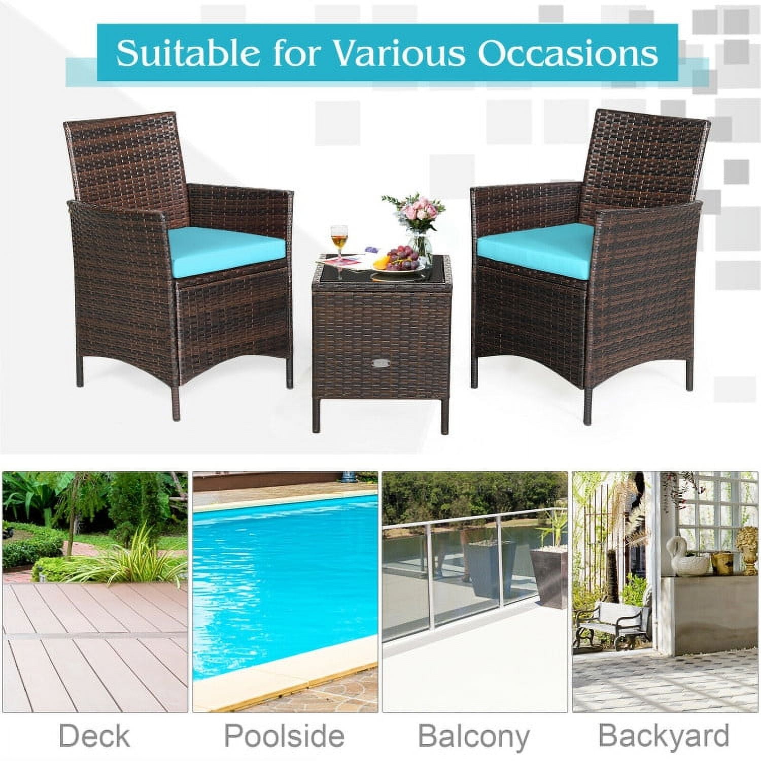 Aimee Lii 3 Pieces Wicker Patio Furniture Set, Conversation Sofa Bench Cushion, Modern Patio Furniture, Blue Aimee Lii 3 Pieces Wicker Patio Furniture Set, Conversation Sofa Bench Cushion, Modern Patio Furniture, Blue