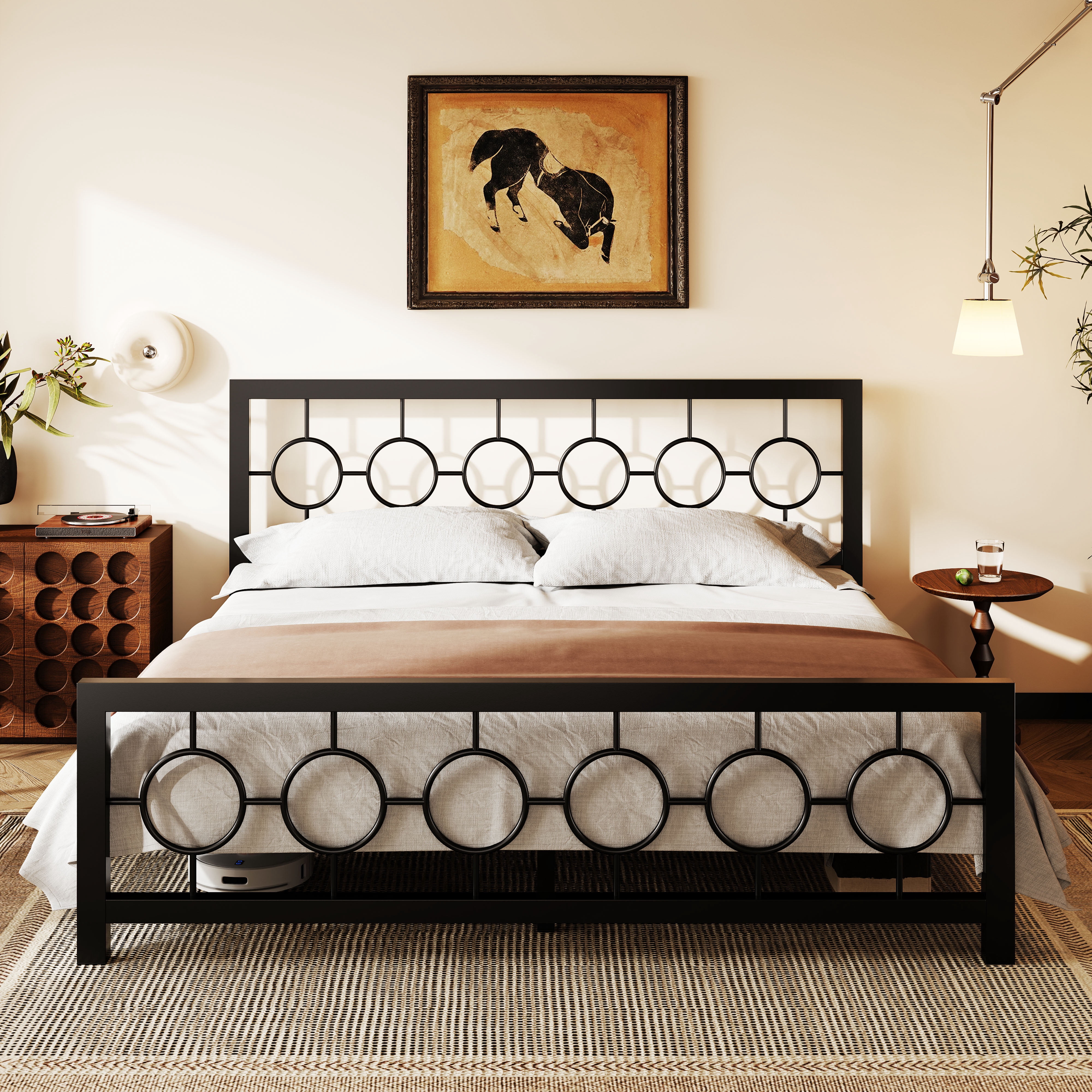 Amolife King Size Bed Frame, Heavy Duty Metal Platform Bed with Vintage Circular Headboard & Footboard, Black