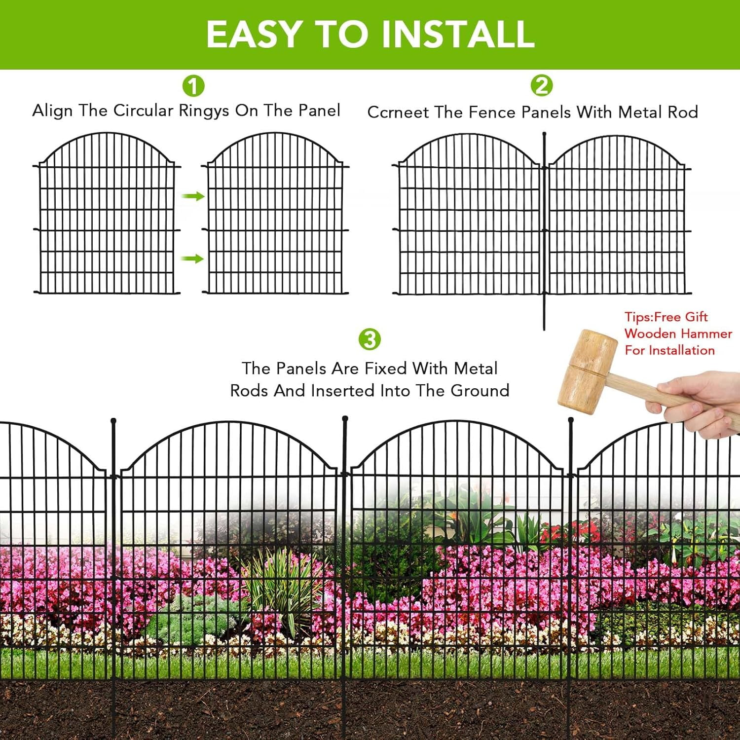 IdealHouse 15-Panel No-Dig Decorative Garden Fence with Door, 32" H x 24' L Metal Animal Barrier, Rustproof Outdoor Wire Fence for Yard, Patio & Landscape, Horizontal Top