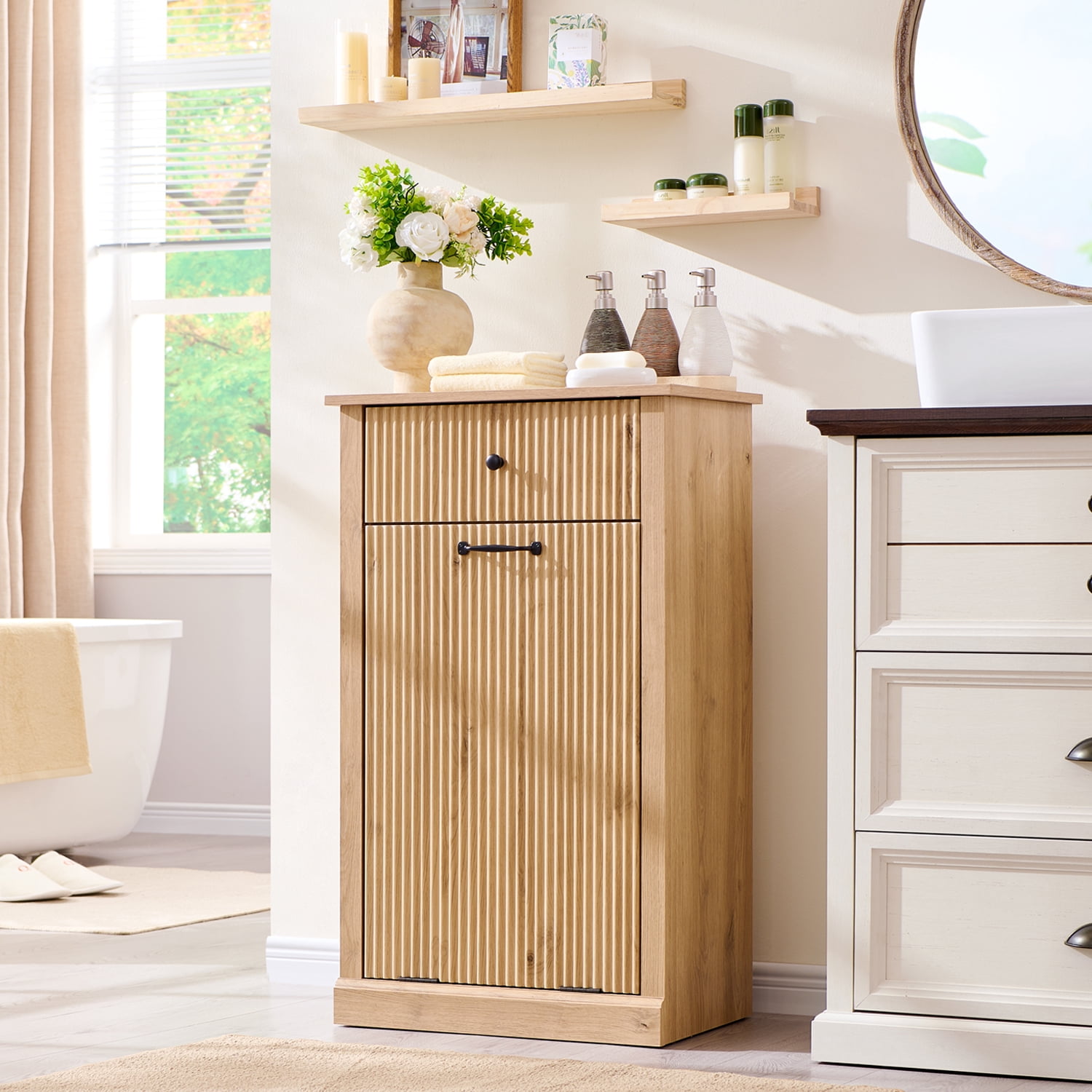 10 Gallon Tilt-Out Trash Can Cabinet, Modern Laundry Hamper Cabinet with Drawers, Hidden Garbage Can Cabinet for Kitchen and Living Room