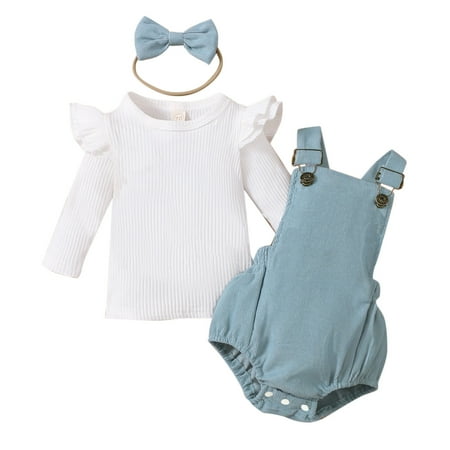 

Baby Girl Set Clothes Girls Long Sleeve Ribbed T Shirt Tops Suspenders Shorts Headbands Outfits Bundle Baby
