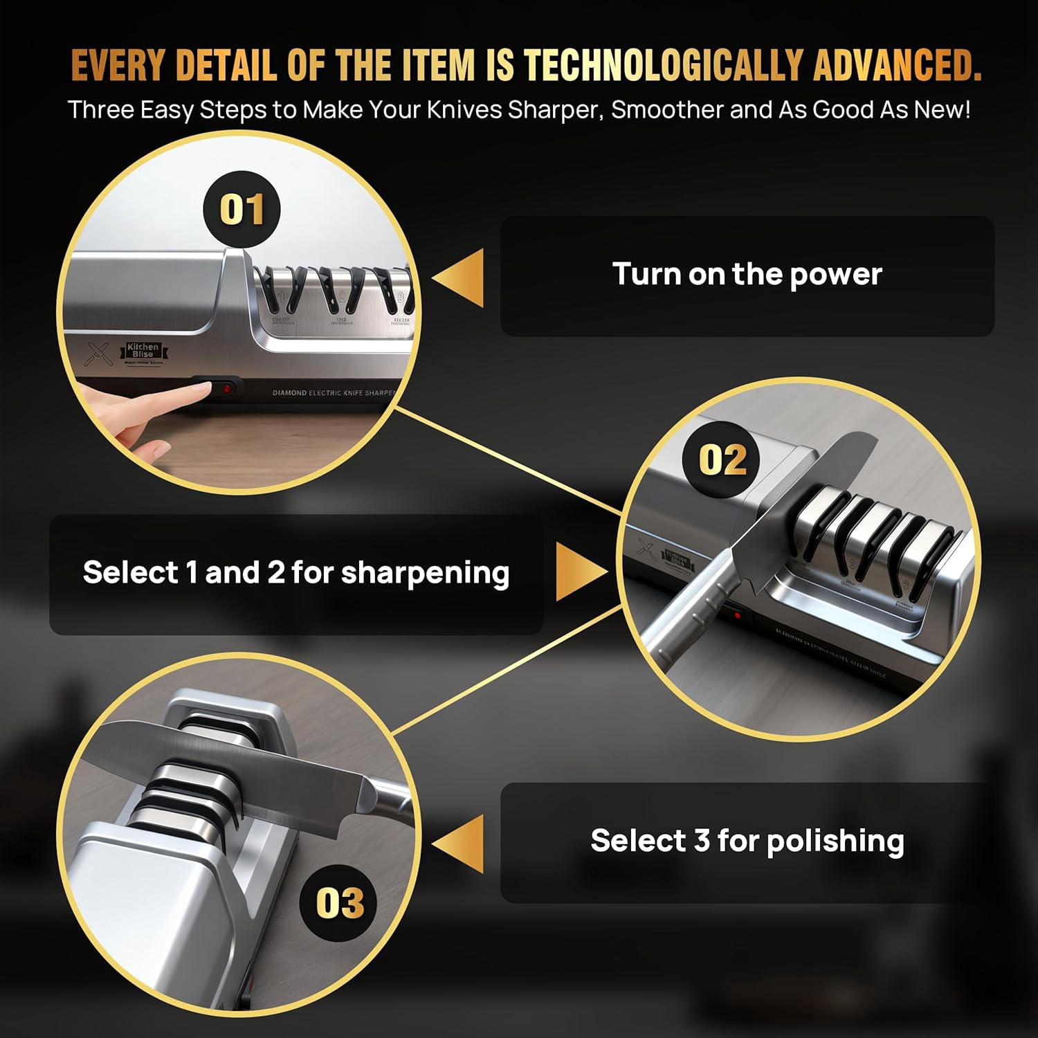 Electric Knife Sharpener with Metal Dust Box - 3-Stage  Sharpening System for Straight and Serrated Knives