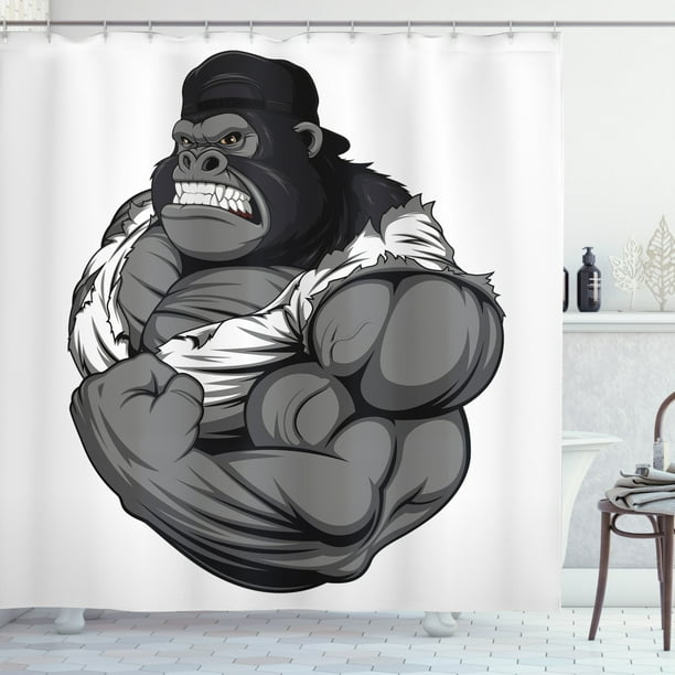 Cartoon Decor Illustration Of Big Gorilla Like As Professional Athlete Bodybuilding Gym Animal, Bathroom Accessories, 69W X 84L Inches Extra Long, By Ambesonne Cartoon Decor Illustration Of Big Gorilla Like As Professional Athlete Bodybuilding Gym Animal, Bathroom Accessories, 69W X 84L Inches Extra Long, By Ambesonne